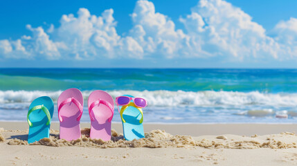 Fototapeta premium Colorful Flip-Flops and Sunglasses on Sandy Beach with Ocean Waves and Blue Sky in the Background