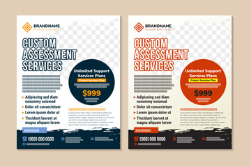 custom assessment services flyer design. Brochure template in vertical layout, collection of poster in A4 with Blue, Red, Orange mix color vector Illustration. brush space photo element. - obrazy, fototapety, plakaty