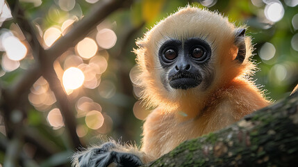 Fototapeta premium wildlife photography, authentic photo of a gibbon in natural habitat, taken with telephoto lenses, for relaxing animal wallpaper and more