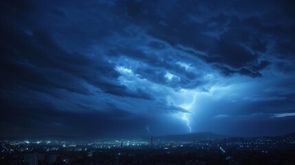 Mysterious dark clouds hover over a city brightened by lights, evoking a sense of impending danger before a night storm - obrazy, fototapety, plakaty