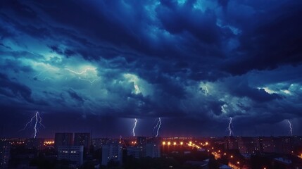 An intense thunderstorm with several lightning bolts illuminating the dark sky over a sprawling cityscape at night - obrazy, fototapety, plakaty