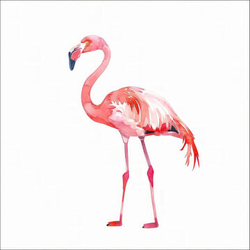Elegant watercolor flamingo illustration isolated on white background, perfect for summer-themed designs with space for text