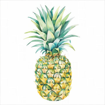 Hand-painted watercolor pineapple on a clean white background, perfect for tropical-themed designs with space for text