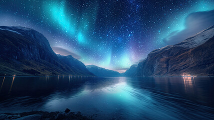 A fjord cruise under the starry Arctic sky, where the Northern Lights illuminate the horizon, adding a magical touch to the harsh beauty of the Norwegian coastal landscapes - obrazy, fototapety, plakaty