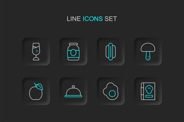 Set line Cookbook, Scrambled egg, Covered with tray of food, Plum fruit, Mushroom, Hotdog, Jam jar and Wine glass icon. Vector