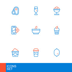 Set line Lemon, Coffee cup to go, Popcorn in cardboard box, Muffin, Food ordering mobile, Mortar and pestle, Ice cream the bowl and Wine glass icon. Vector