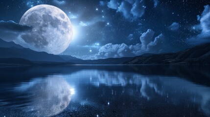 A serene night landscape with a bright full moon reflecting on a calm lake surrounded by mountains under a starry sky