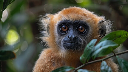 Fototapeta premium wildlife photography, authentic photo of a gibbon in natural habitat, taken with telephoto lenses, for relaxing animal wallpaper and more