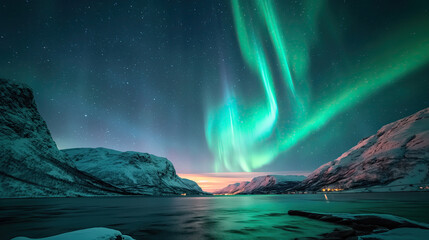 A fjord cruise under the starry Arctic sky, where the Northern Lights illuminate the horizon,...
