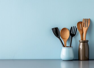 Modern kitchen utensils on gray table against light blue wall background, space for text stock - obrazy, fototapety, plakaty