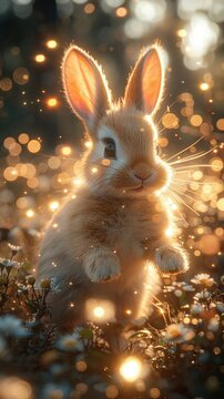 Alice in Wonderland, white rabbit, running in magical forest, surreal ambiance, 3D render, backlighting, bokeh effect