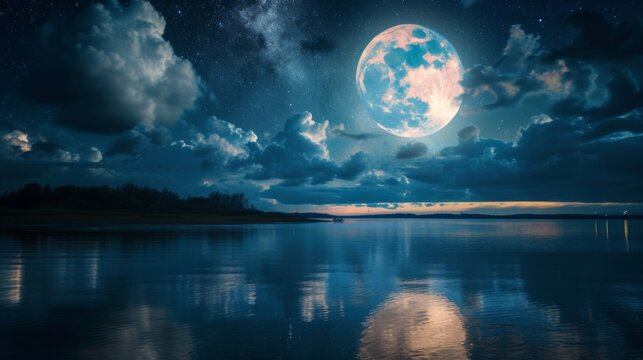 A captivating image of a strikingly bright moon illuminating clouds and casting a glowing reflection on a serene river