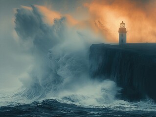 Fototapeta na wymiar Lonely lighthouse, stoic and strong, standing sentinel against crashing waves on a desolate cliff at dusk Photography, silhouette lighting, HDR