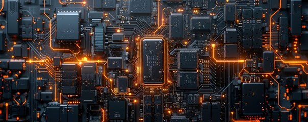 Motherboard, Capacitors, Resistors, Copper Traces, Technological Cityscape,