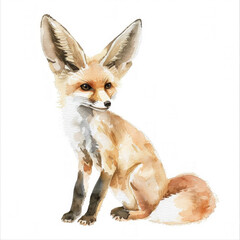 Fototapeta premium Watercolor illustration of a eared red fox sitting, isolated on a white background with ample space for text, ideal for wildlife-themed designs and educational materials