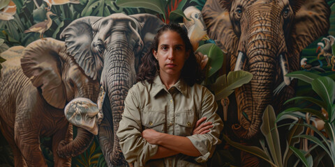 Focused woman standing confidently in front of a vibrant elephant mural in botanical setting
