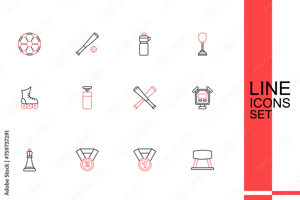 Wall mural set line pommel horse, medal, chess, stopwatch, crossed baseball bat, punching bag and roller skate 