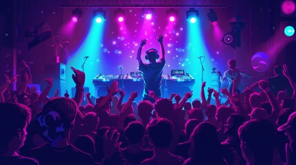 Fototapeta na wymiar Vibrant illustration of a DJ rocking the turntables with a lively crowd dancing to the beats