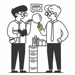 Professional Investigators Focusing on Vision with Magnifying Glass Line Illustration Gen AI