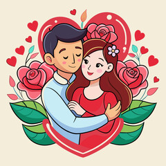 Sticker featuring a romantic couple in a tender embrace, surrounded by hearts and roses, capturing the essence of love