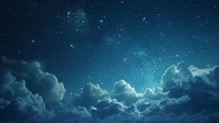 A serene night sky filled with twinkling stars above soft, billowing clouds invokes a sense of wonder