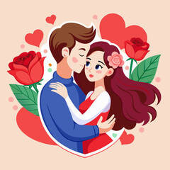 Sticker featuring a romantic couple in a tender embrace, surrounded by hearts and roses, capturing the essence of love