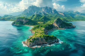 A stunning image capturing the serene beauty of a tropical landscape with mountains surrounding the calm sea - obrazy, fototapety, plakaty