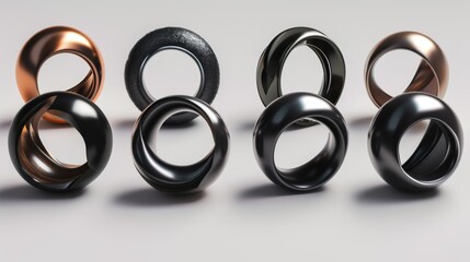 A modern, minimalist visual featuring a series of metallic rings with a reflective surface, set against a plain backdrop