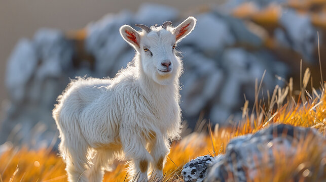 wildlife photography, authentic photo of a goat in natural habitat, taken with telephoto lenses, for relaxing animal wallpaper and more
