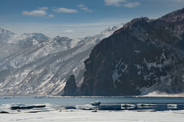 Russia. The Far East. Spring view of the ice of Tikhaya Bay on the Pacific coast of Sakhalin Island.
