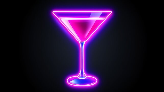 This image showcases a neon pink martini glass radiating a soft hue against a black backdrop signifying energy and nightlife