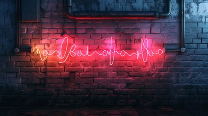 Red and pink neon lights spell out 'calligraphy' on a gritty brick wall backdrop, merging traditional art with a modern twist
