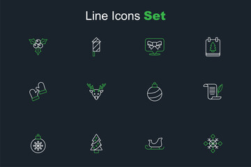 Set line Snowflake, Christmas santa claus sleigh, tree, ball, Envelope, Reindeer and mittens icon. Vector
