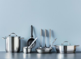 Modern kitchen utensils on a gray table against a light blue wall background, copy space for text, stainless steel pots and pans with cooking tools,
