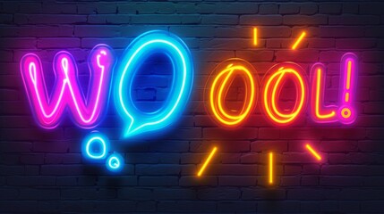 An energetic image showcasing a bright and colorful neon sign spelling out Woo! against a rustic brick wall background, full of life and excitement