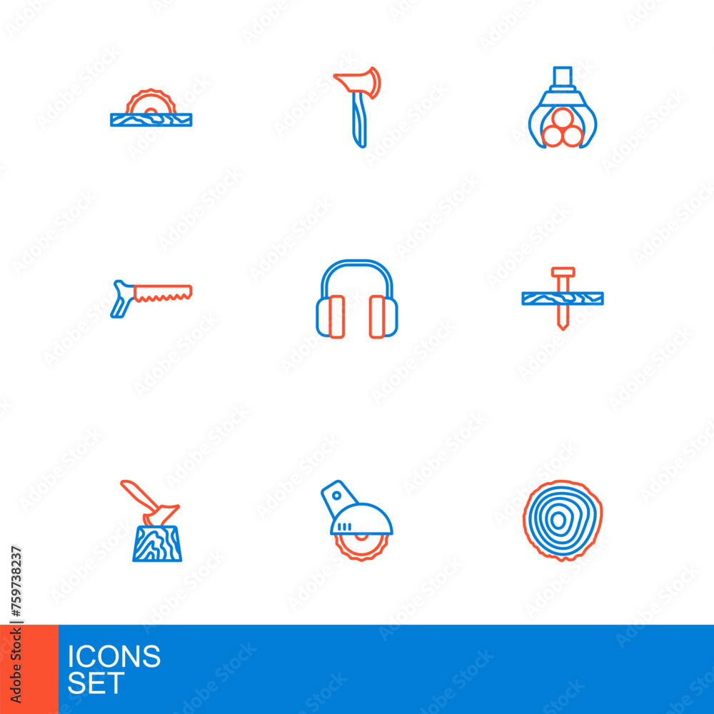 Sticker Set line Tree rings, Electric circular saw, Wooden axe stump, Metallic nail, Hand, Headphones, Grapple crane grabbed log and icon. Vector