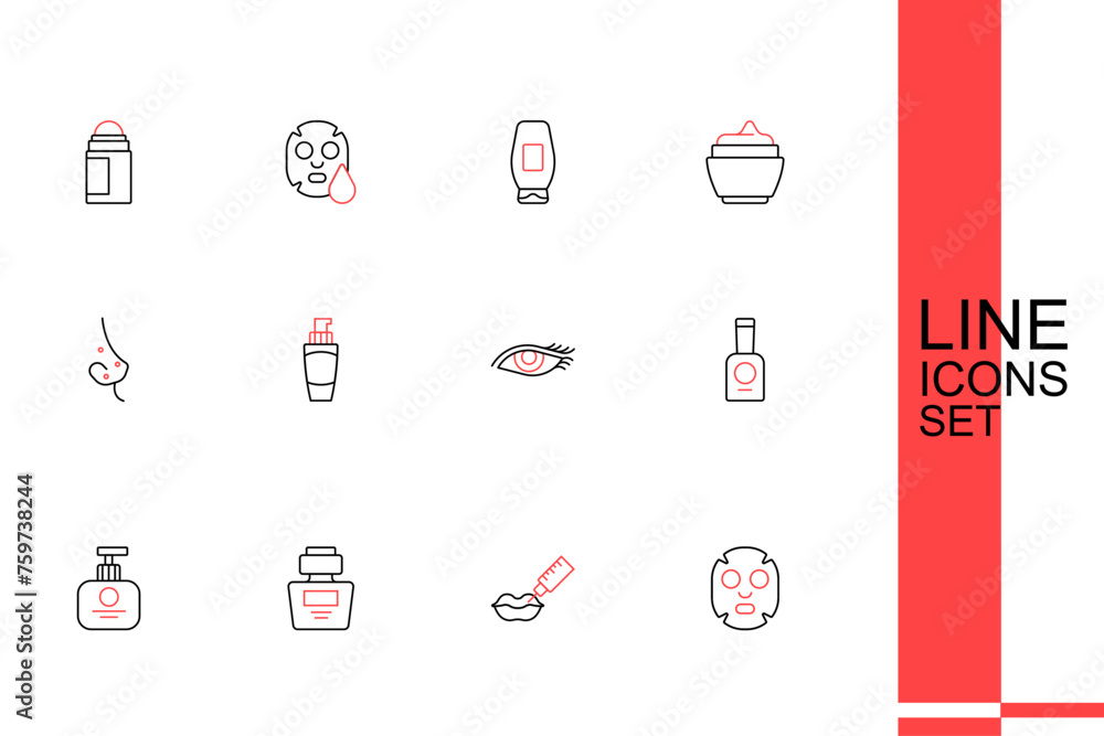 Poster set line facial cosmetic mask, lip augmentation, perfume, tube of hand cream, bottle nail polish, wo