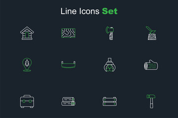 Set line Hammer, Wooden box, log, Toolbox, Grapple crane grabbed, Two-handed saw and Location of the forest icon. Vector
