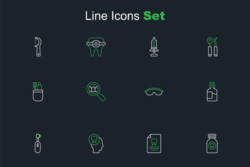 Set line Toothache painkiller tablet, Clipboard with dental card, Electric toothbrush, Mouthwash, Safety goggle glasses, Dental search and Toothbrush and toothpaste icon. Vector
