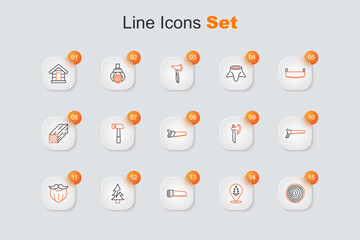 Set line Tree rings, Location of the forest, Hand saw, Mustache beard, Wooden axe and icon. Vector