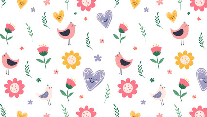 Colorful seamless pattern of birds, hearts and flowers on a white background, hand drawn