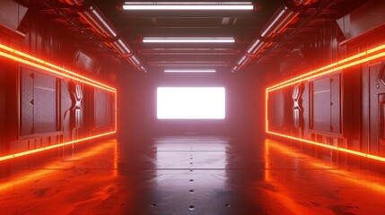Fototapeta premium A perspective view of a sci-fi hallway with intense red lights and a glowing white screen at the center, hinting at advanced technology