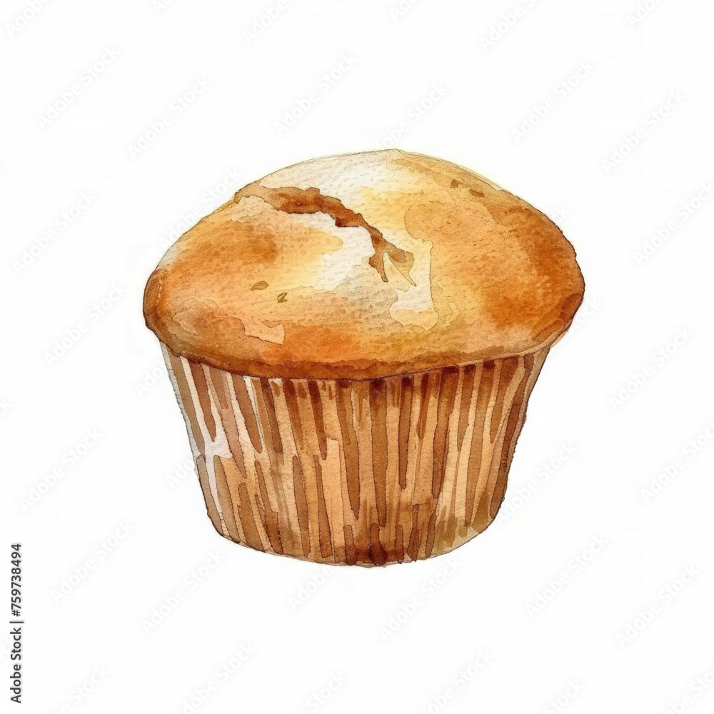 Canvas Prints Watercolor illustration of a single golden-brown muffin on a clean white background with ample space for text, suitable for bakery or breakfast concepts