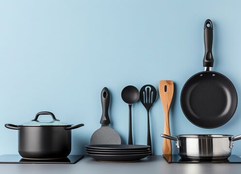 Modern kitchen utensils on a gray table against a light blue wall background, copy space for text, stainless steel pots and pans with cooking tools,