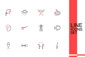 Set line Fishing rod, Camping folding chair, skeleton, lure, bucket with fish, Lighthouse, net and icon. Vector