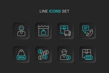 Set line Item price tag with dollar, Buyer, Dollar symbol, Hanging sign text Open, Telephone 24 hours support, Delivery cargo truck, Shopping day and Happy customer icon. Vector