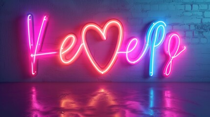 A romantic, heart-shaped pink and blue neon sign with the word 'Keep' giving a love vibe