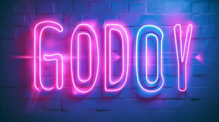 A striking neon sign with the word 'GODOY' glowing against a textured brick wall, illuminating the background with bright colors