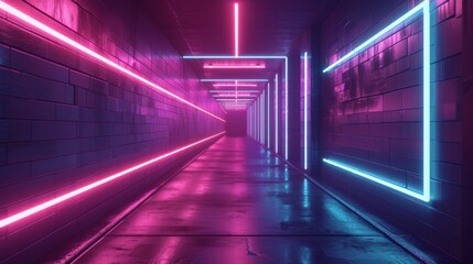 A corridor transformed into a captivating neon tunnel featuring brilliant pink and blue lights,...