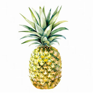 Watercolor illustration of a single ripe pineapple isolated on white background, with ample space for text; ideal for culinary, healthy eating, or tropical concept designs